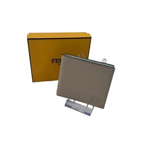 Fendi Taupe Pebbled Leather Bifold Wallet – Light Blue Interior, With Box